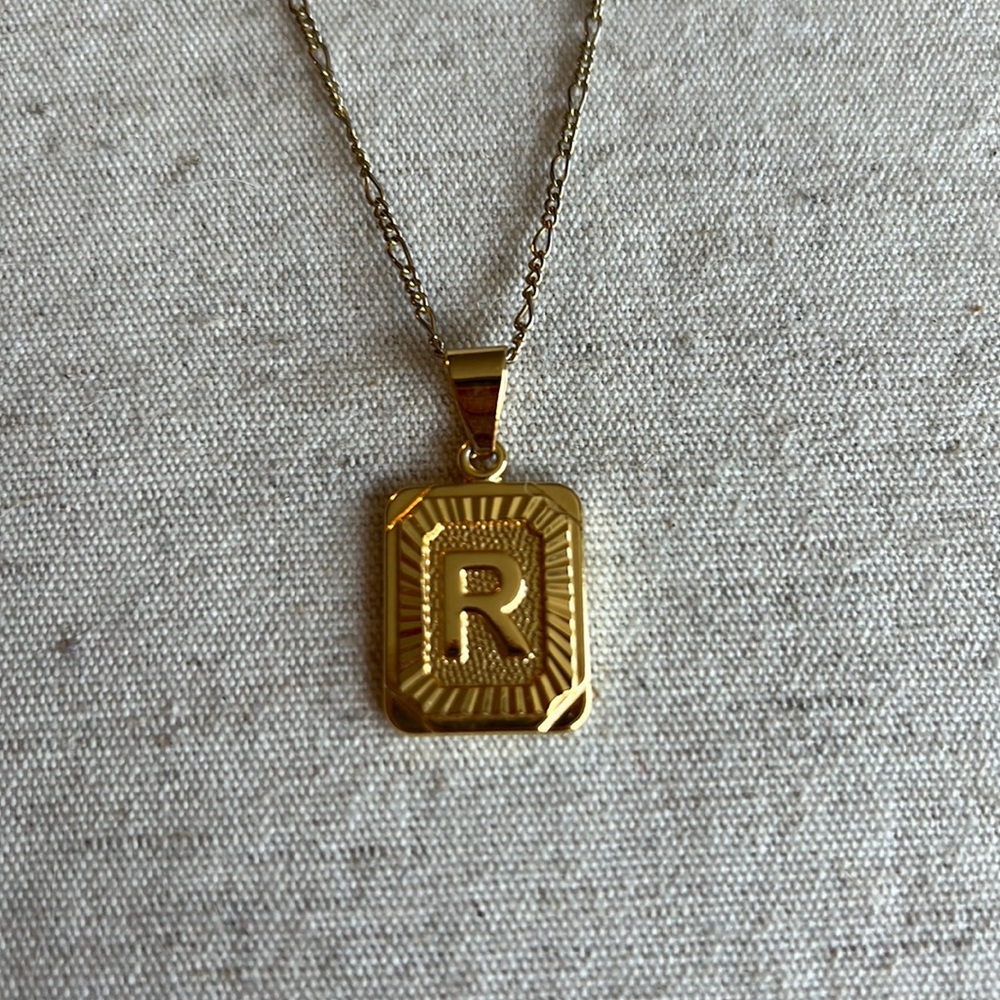 Gold Square “R” Initial Necklace - image 1